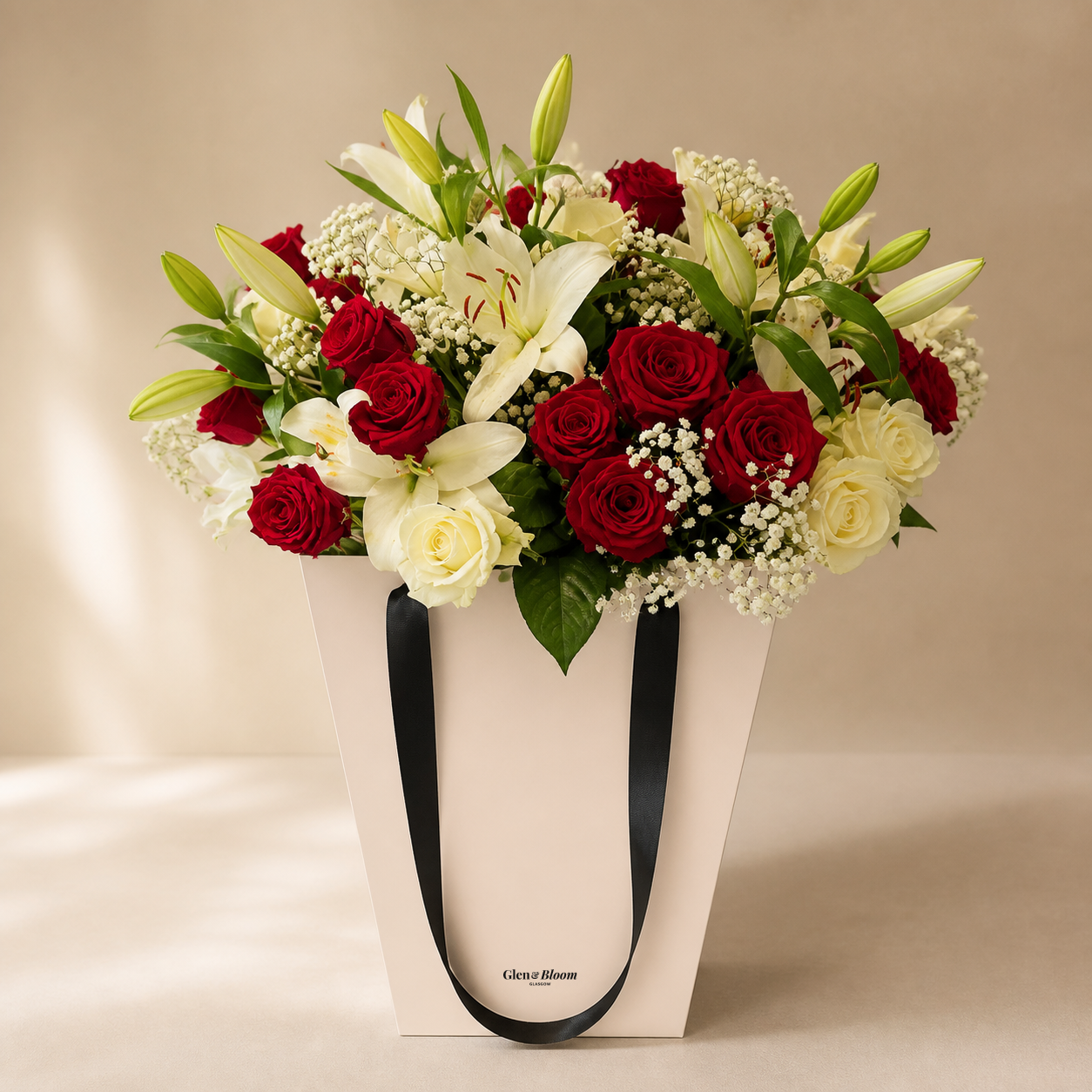 Glen and Bloom flower presentation bag with bouquet