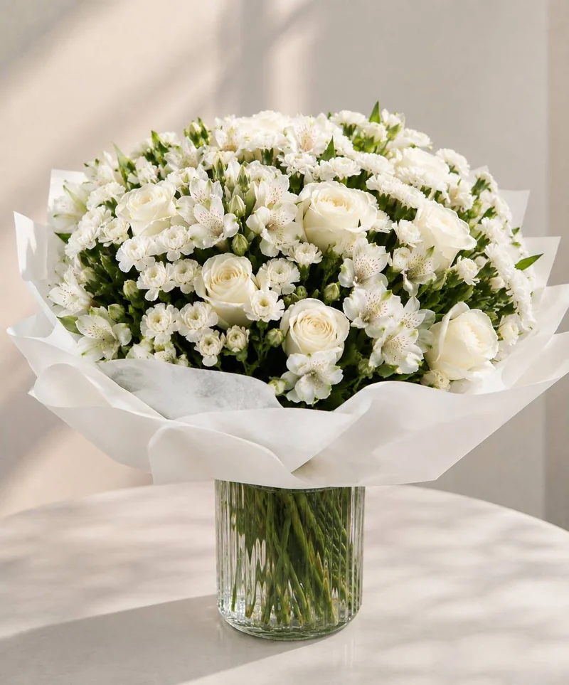 Wrapped white Glen and Bloom bouquet presented with a glass vase